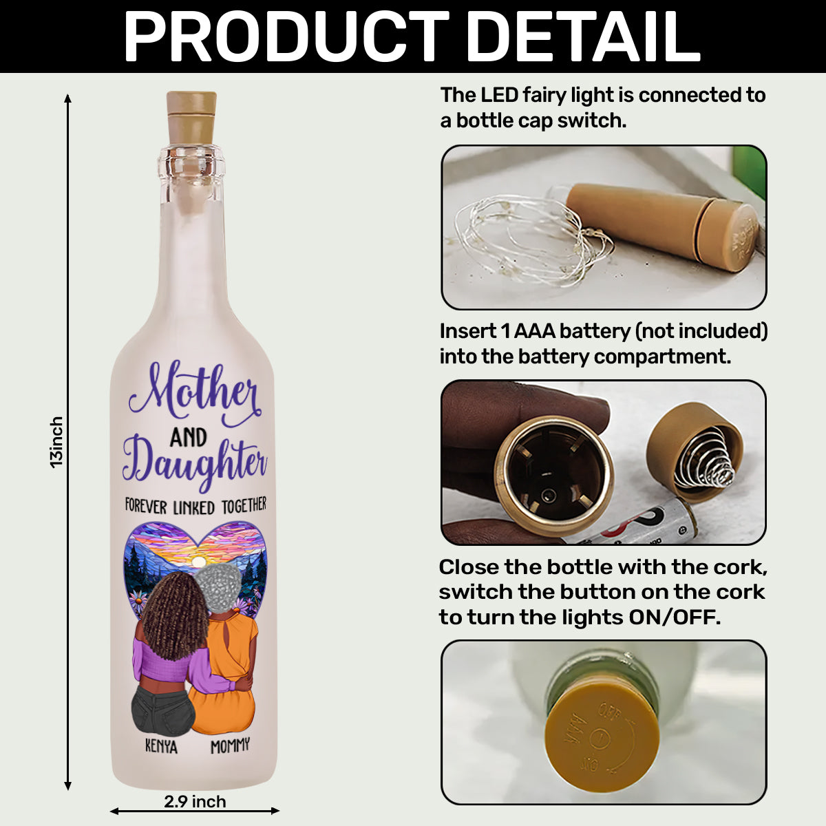 Mother And Daughter Forever Linked Together - Personalized Bottle Lamp