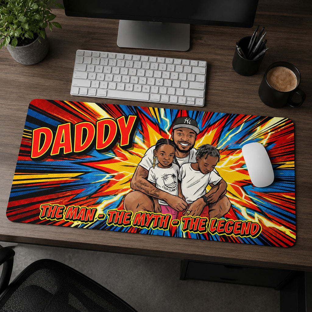Custom Photo Comic Sketch Dad Grandpa Family - Personalized Leather Desk Mat