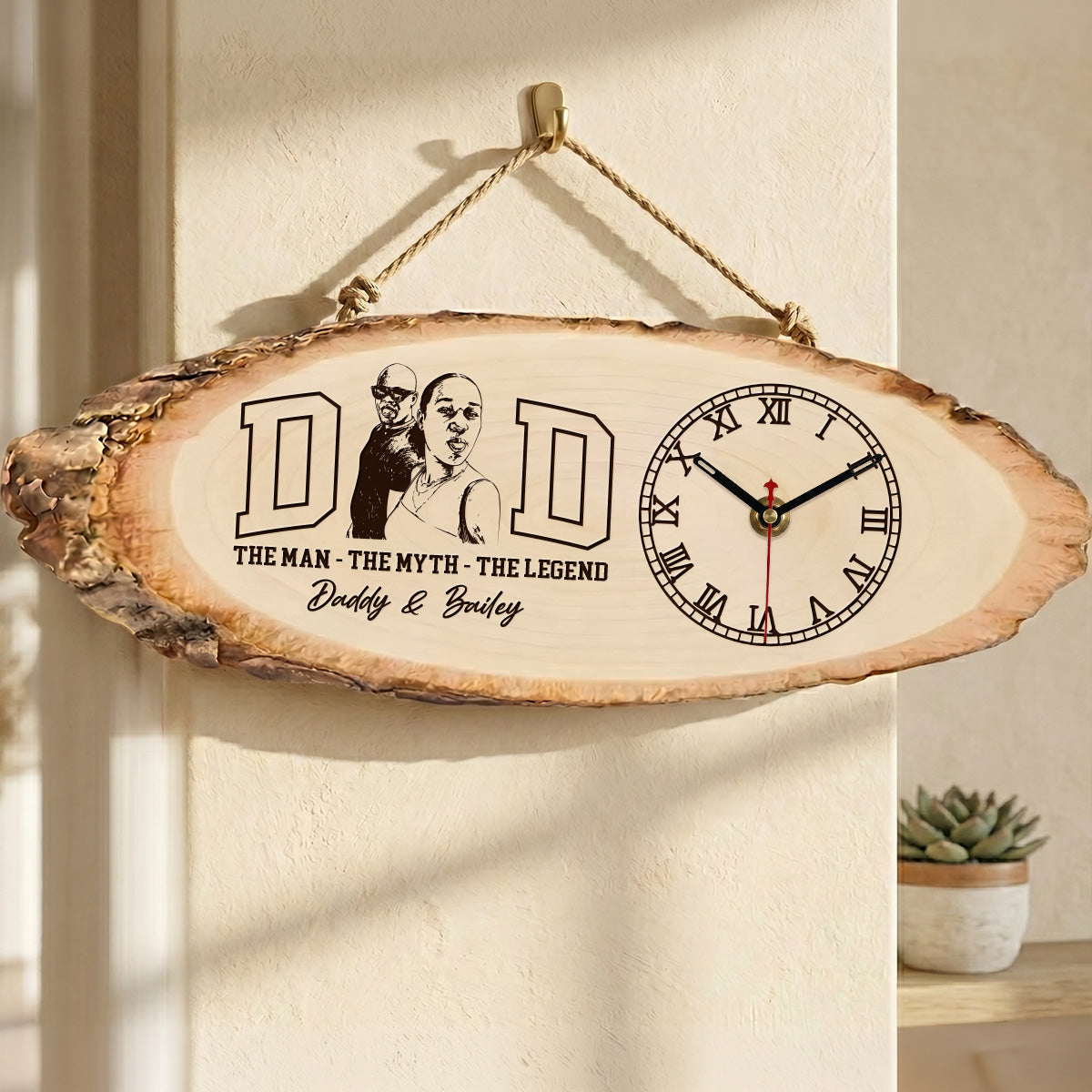 Custom Photo Pencil Sketch Dad The Man The Myth The Legend - Personalized Wooden Desk Clock