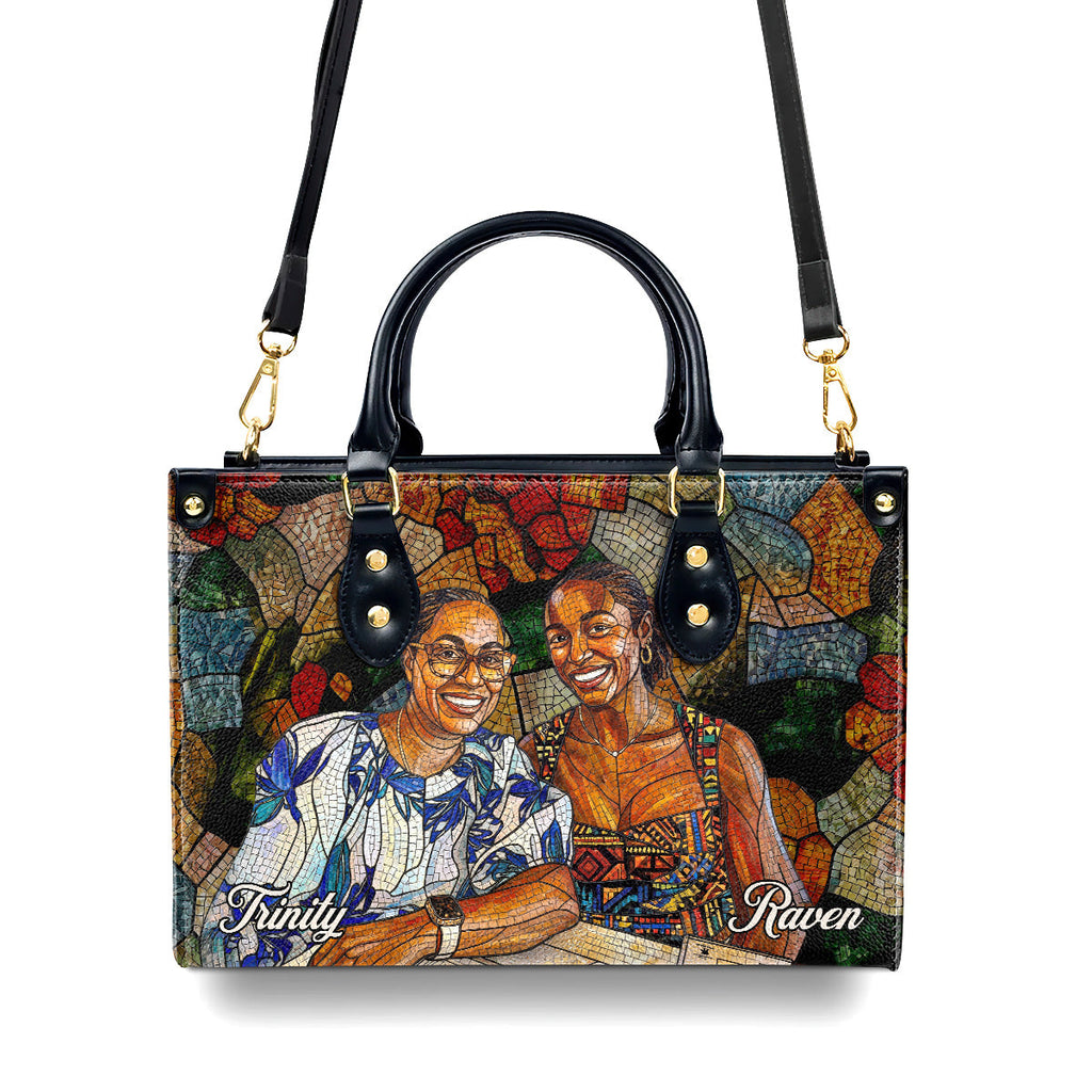 Custom Photo Stained Glass Portrait Mom Grandma Parents Family - Personalized Leather Handbag