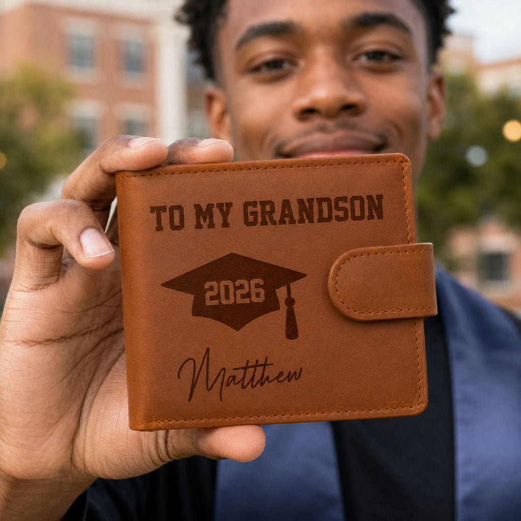 I'm In Heaven But I Won't Miss This Day - Personalized Men's Engraved Leather Wallet