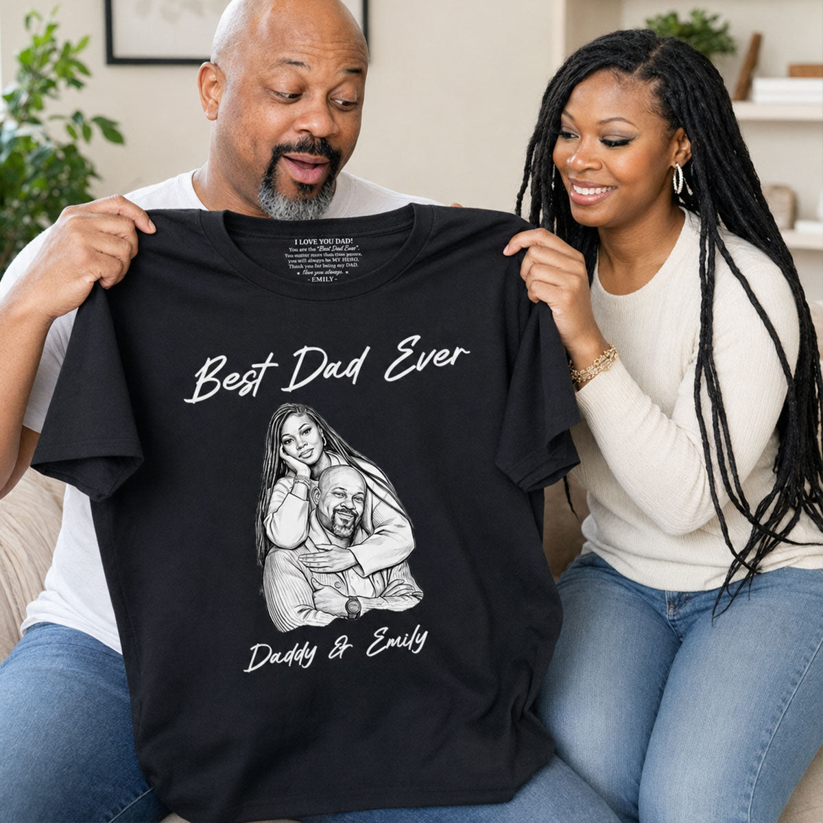 Custom Photo Pencil Sketch Best Dad Ever - Personalized Shirt With Design Inner Neck And Front