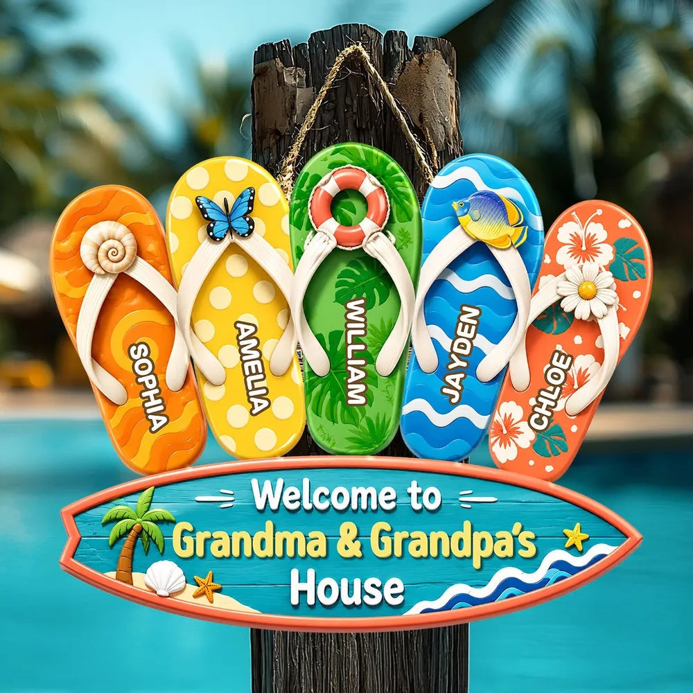 Hello Summer Vibe Welcome To Grandma Grandpa House - Personalized Wooden Door Sign