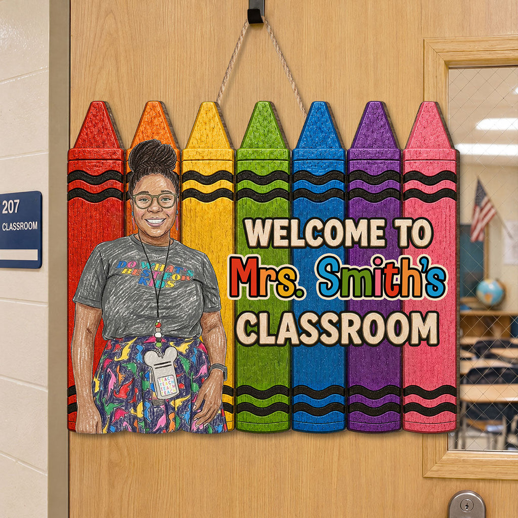 Custom Photo Crayon Sketch Welcome To My Classroom - Personalized Wooden Door Sign