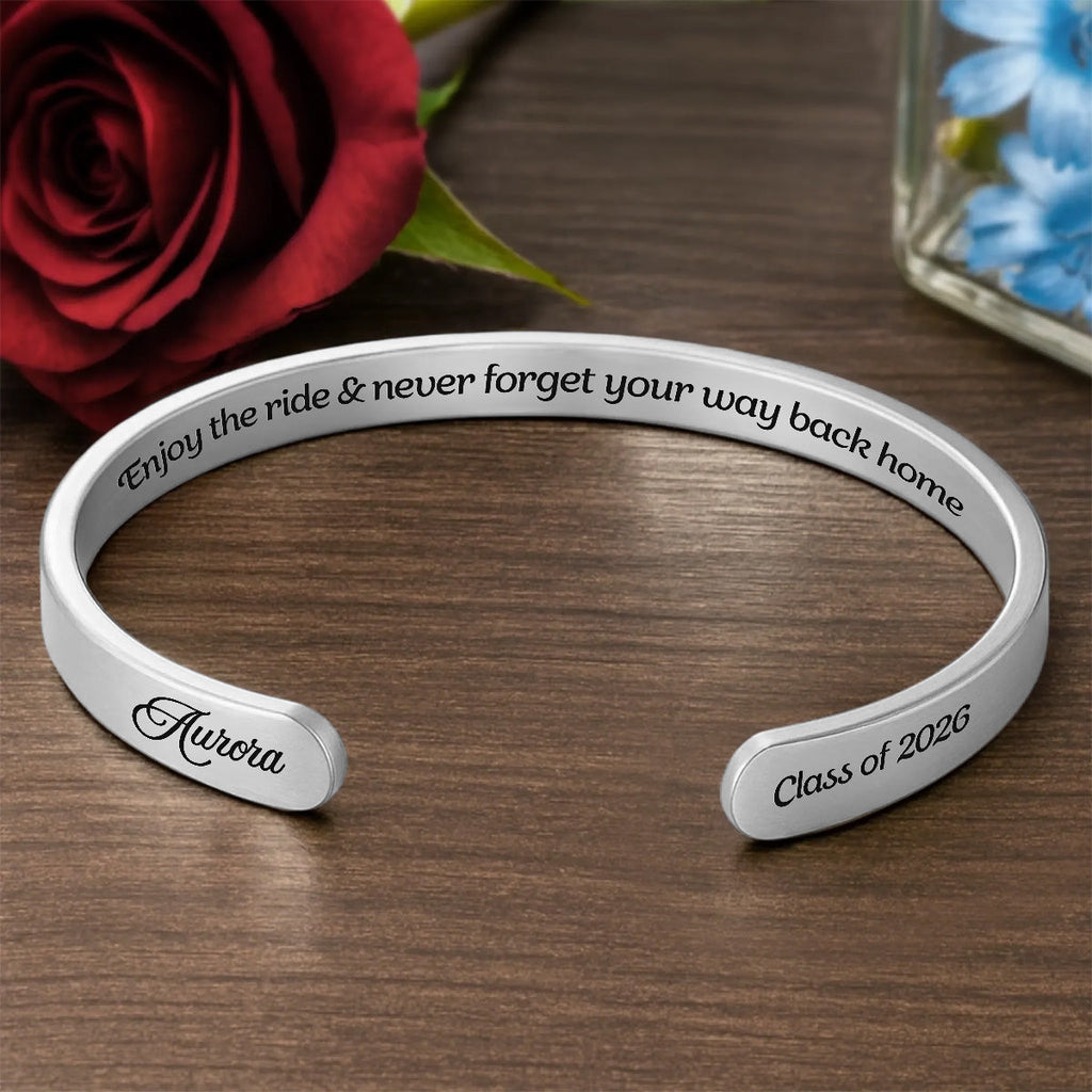Enjoy The Ride And Never Forget Your Way Back Home - Personalized Cuff Bangle Bracelet With Box