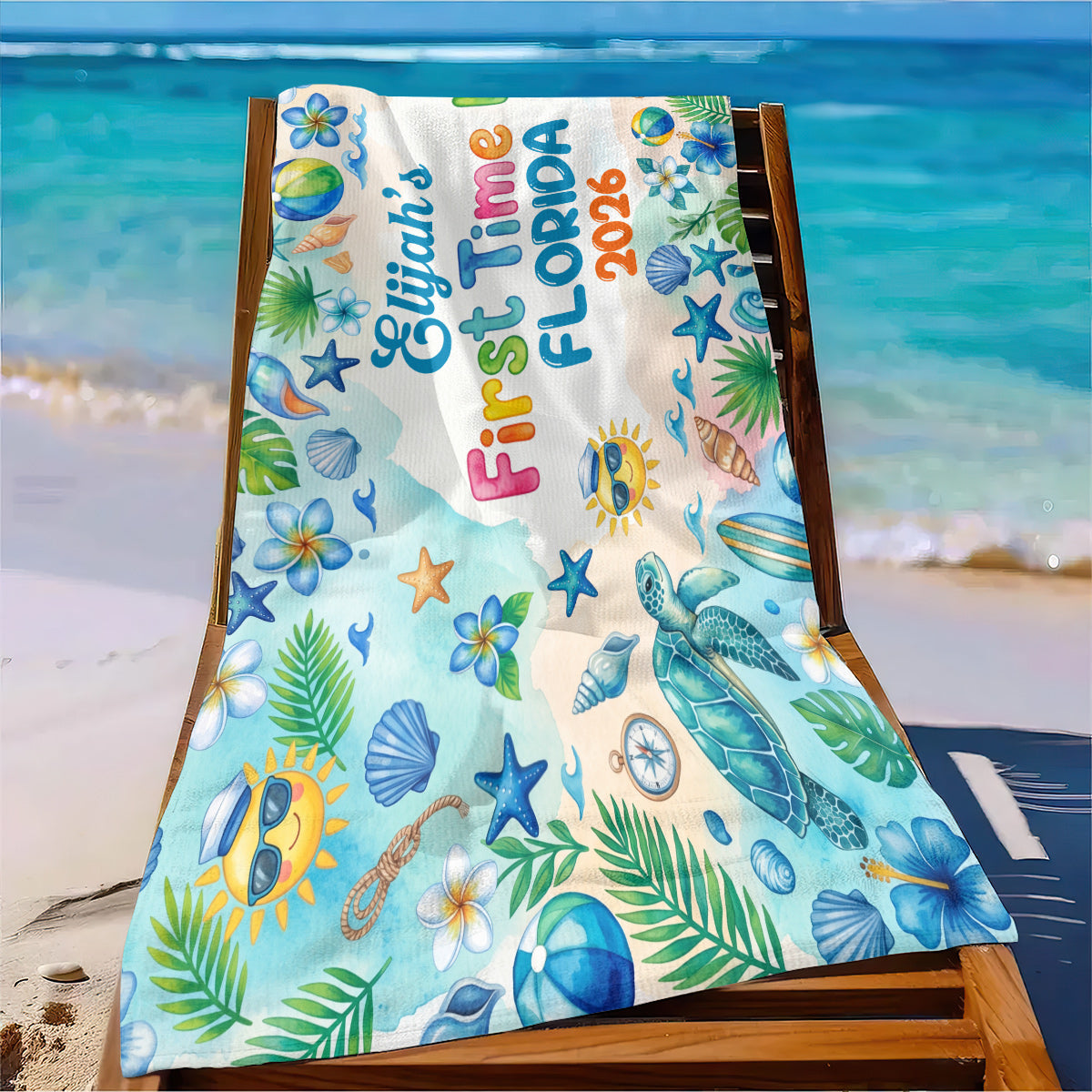 First Time On Holiday - Personalized Beach Towel