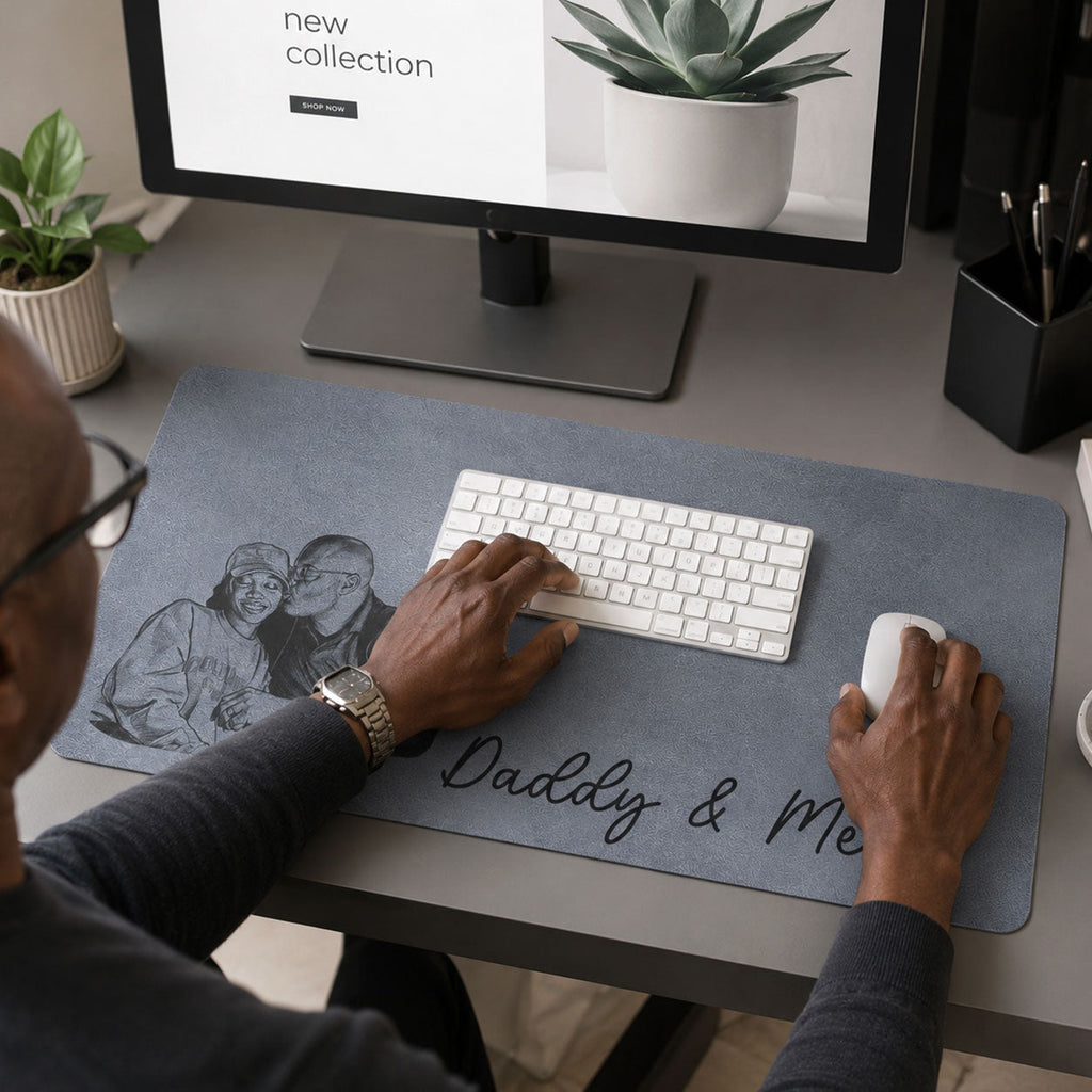 Custom Photo Pencil Sketch Best Dad Ever - Personalized Leather Desk Mat