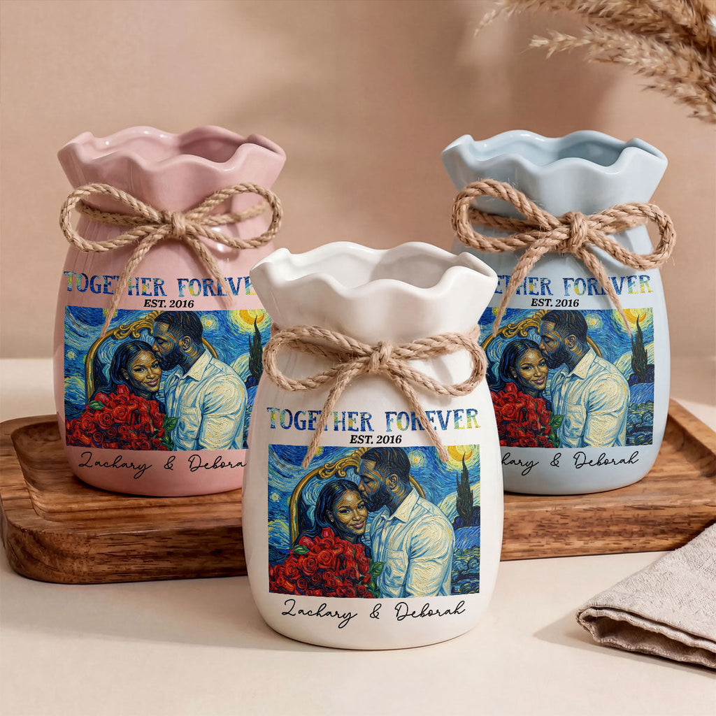 Custom Photo Van Gogh Art Forever And Always - Personalized Flower Vase With Ribbon