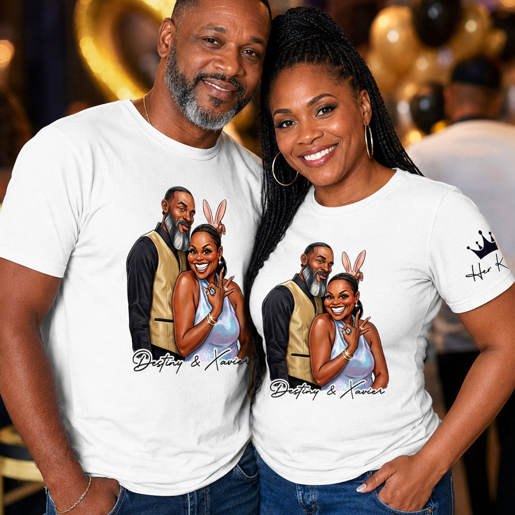 Custom Photo His Queen Her King Anniversary Gift - Personalized T-shirt With Front And Sleeve Design