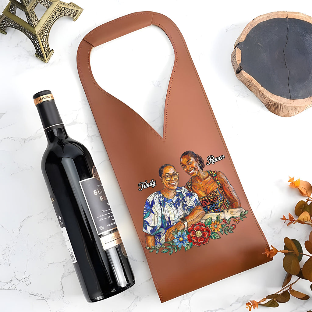 Custom Photo Stained Glass Portrait Mom Grandma Parents Family - Personalized Leather Wine Bag