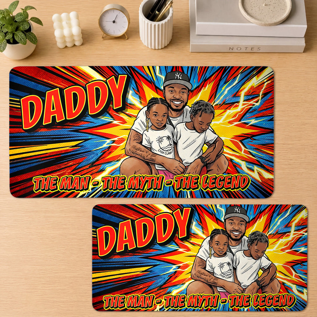 Custom Photo Comic Sketch Dad Grandpa Family - Personalized Leather Desk Mat