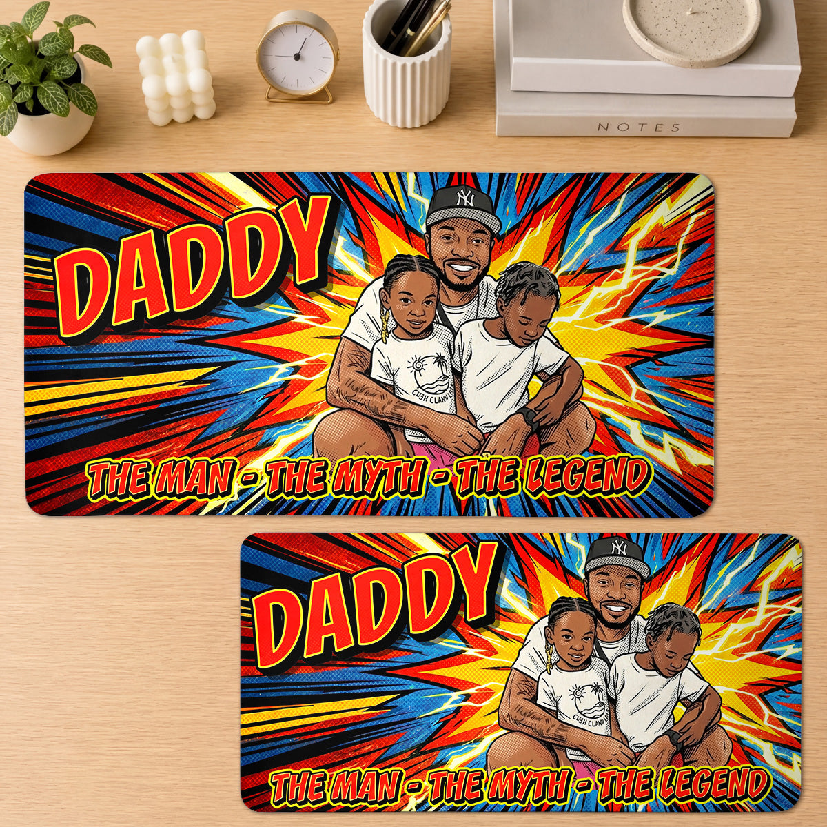 Custom Photo Comic Sketch Dad Grandpa Family - Personalized Leather Desk Mat