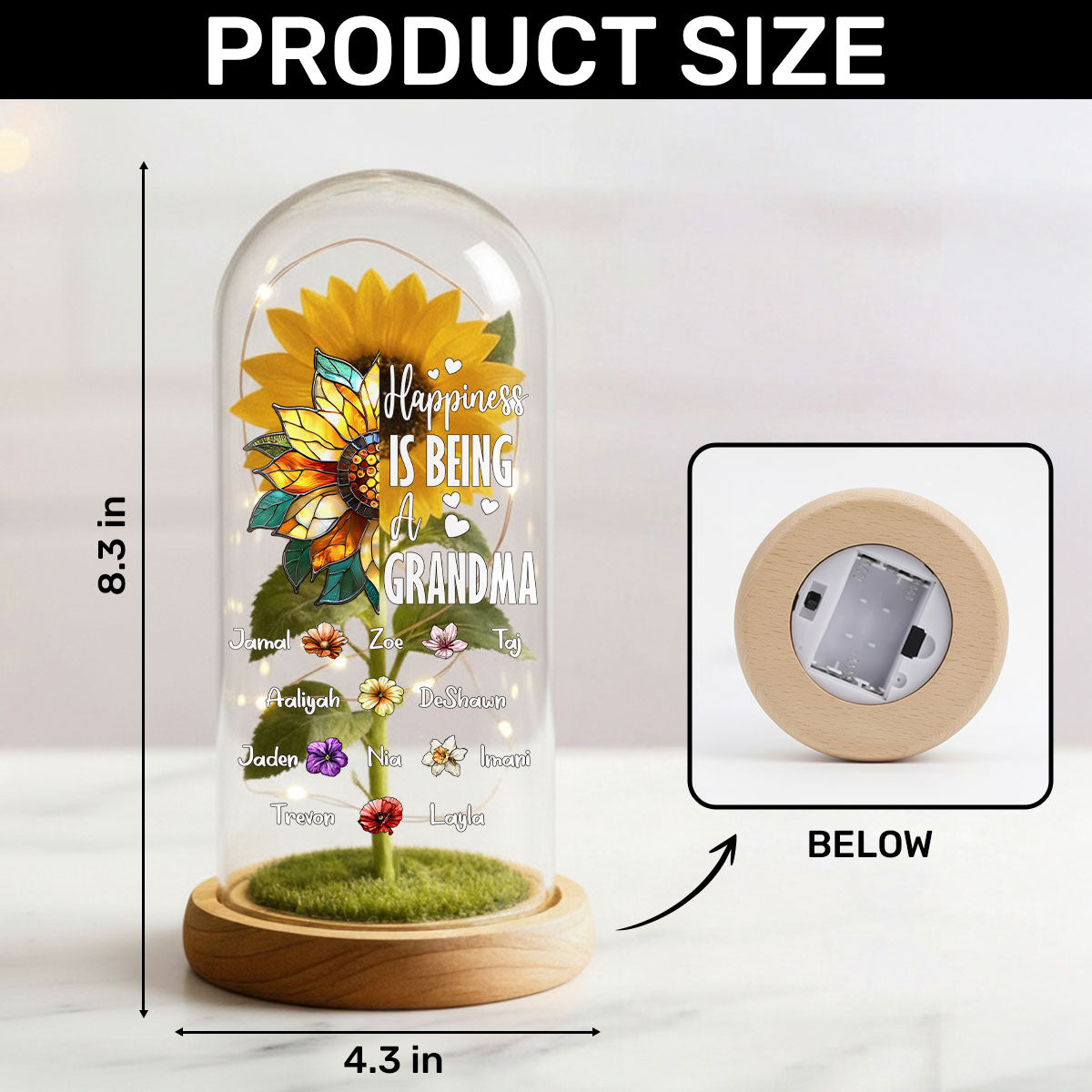 Happiness Is Being A Grandma - Personalized Sunflower Dome Lamp