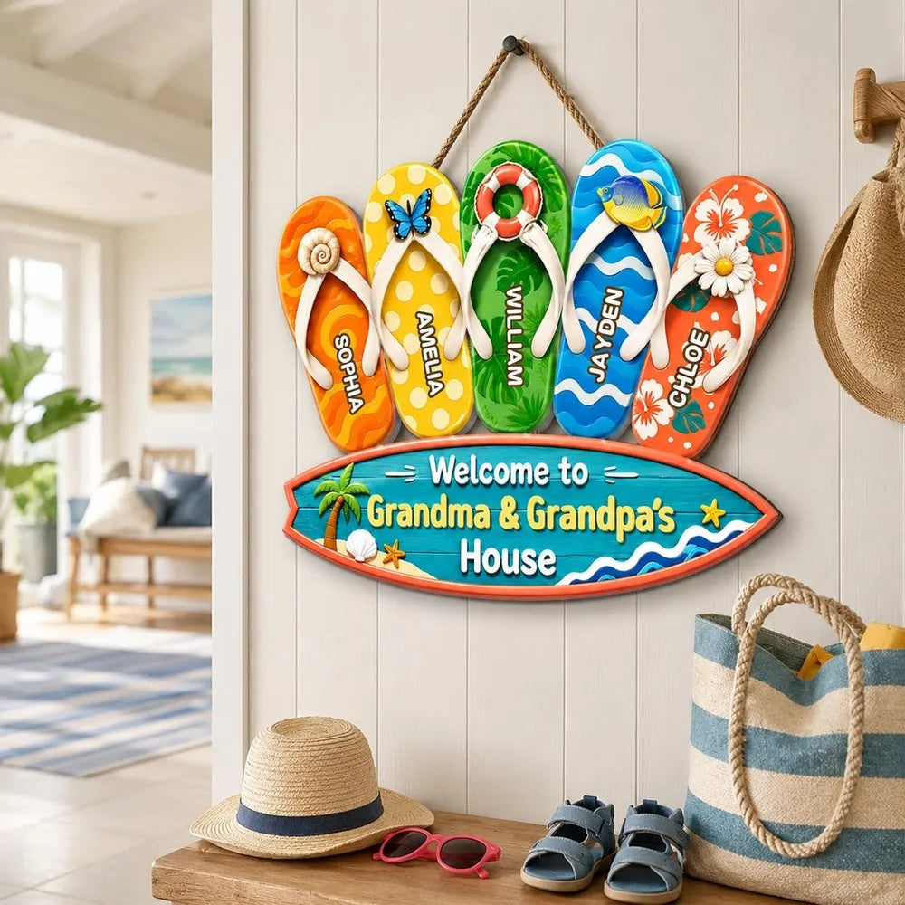 Hello Summer Vibe Welcome To Grandma Grandpa House - Personalized Wooden Door Sign