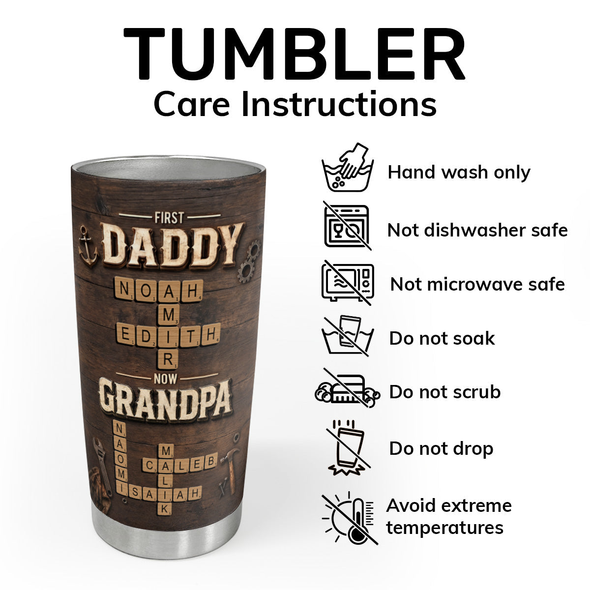 First Daddy Now Grandpa Crossword Puzzle Art - Personalized Stainless Steel Tumbler