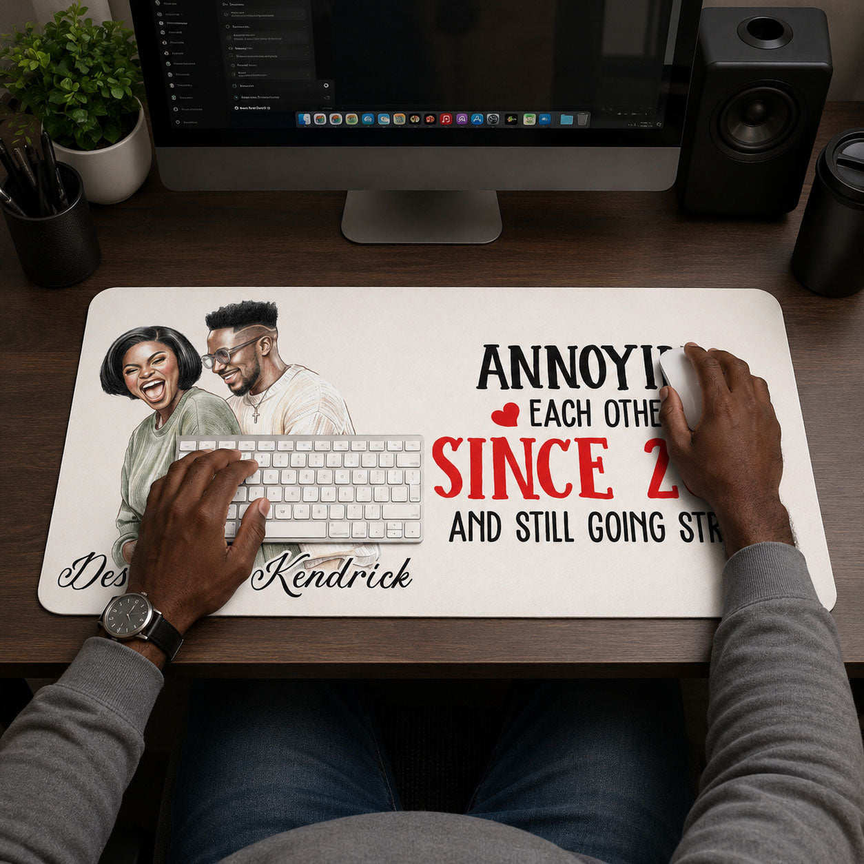 Custom Photo Colored Pencil Sketch Portrait Annoying Each Other - Personalized Leather Desk Mat