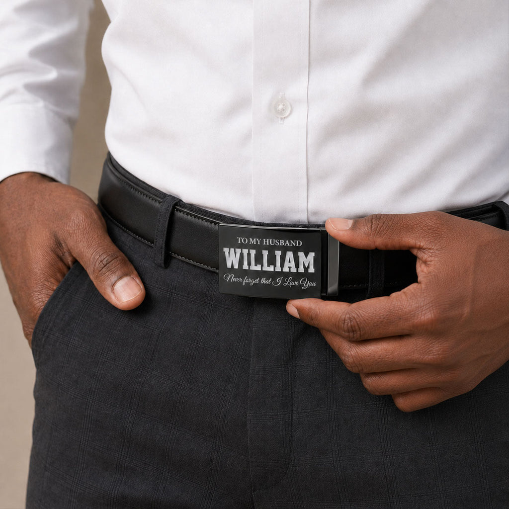 Never Forget I Love You - Personalized Leather Belt With Engraved Buckle