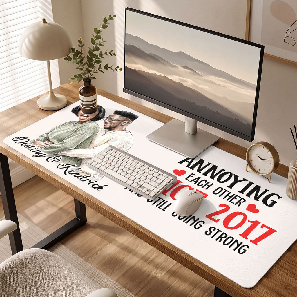 Custom Photo Colored Pencil Sketch Portrait Annoying Each Other - Personalized Leather Desk Mat