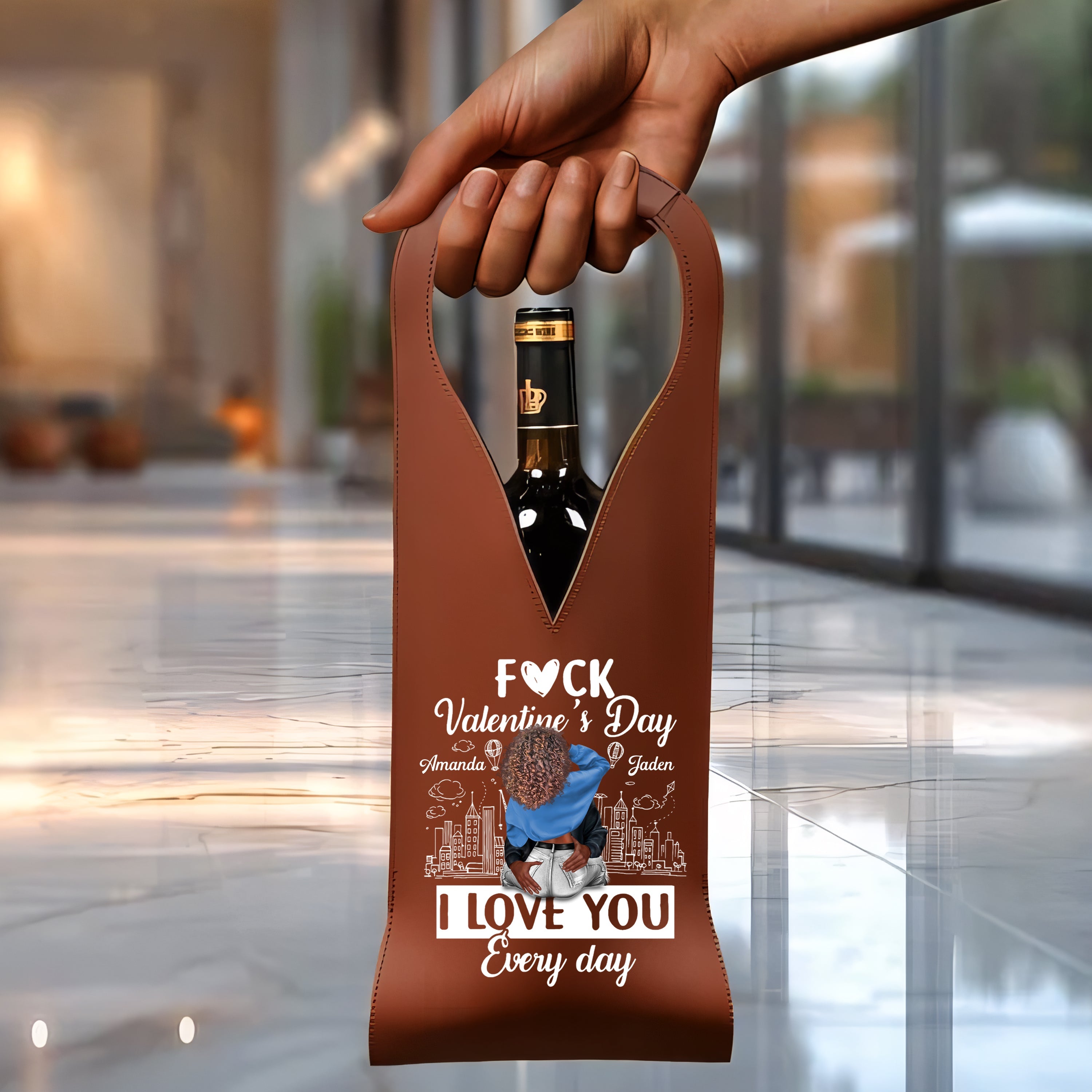 I Love You Every Day - Personalized Leather Wine Bag