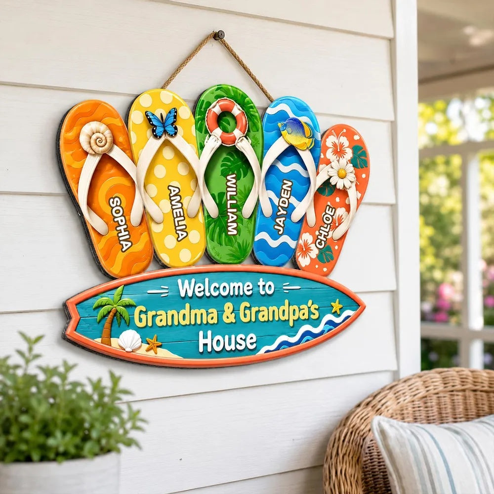 Hello Summer Vibe Welcome To Grandma Grandpa House - Personalized Wooden Door Sign