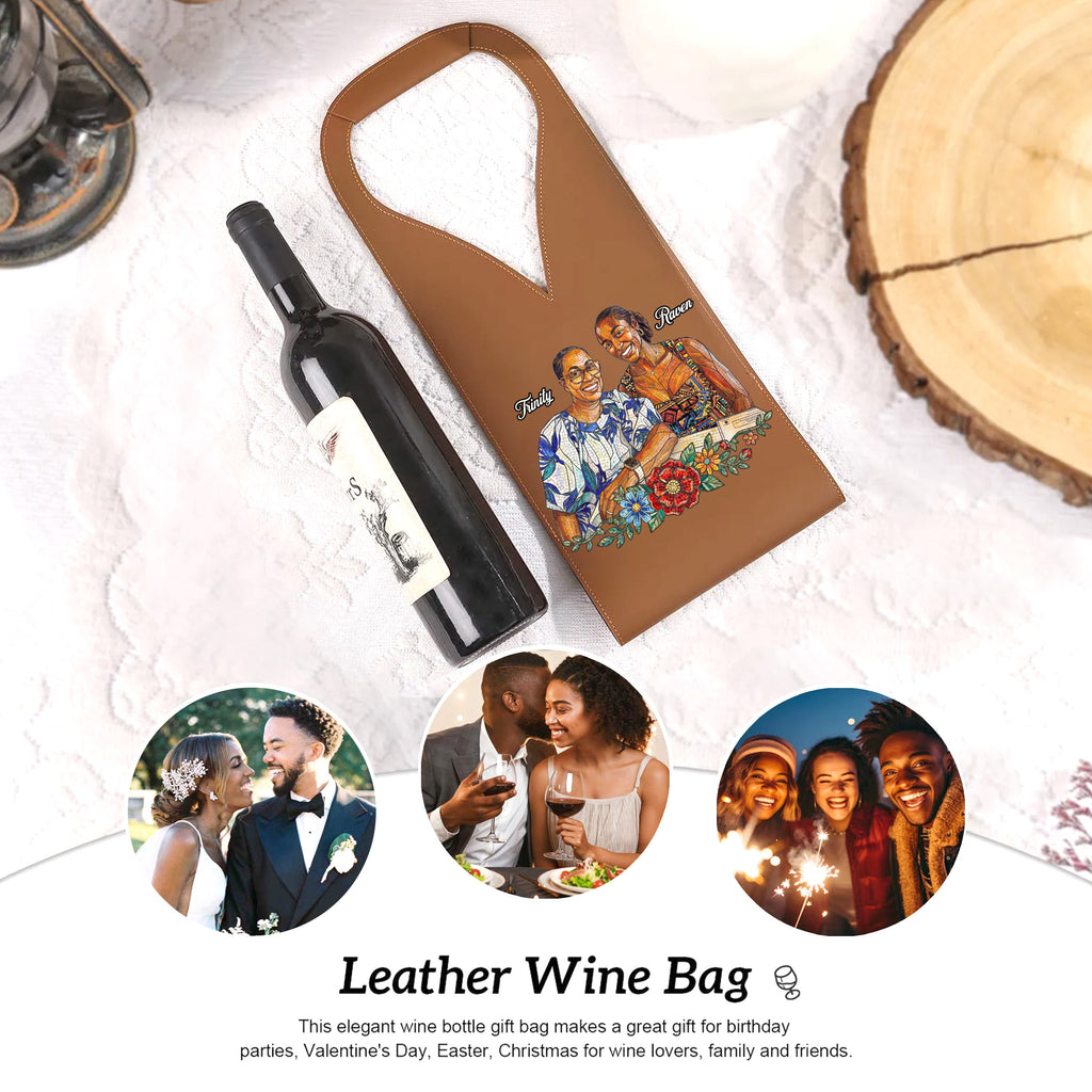 Custom Photo Stained Glass Portrait Mom Grandma Parents Family - Personalized Leather Wine Bag