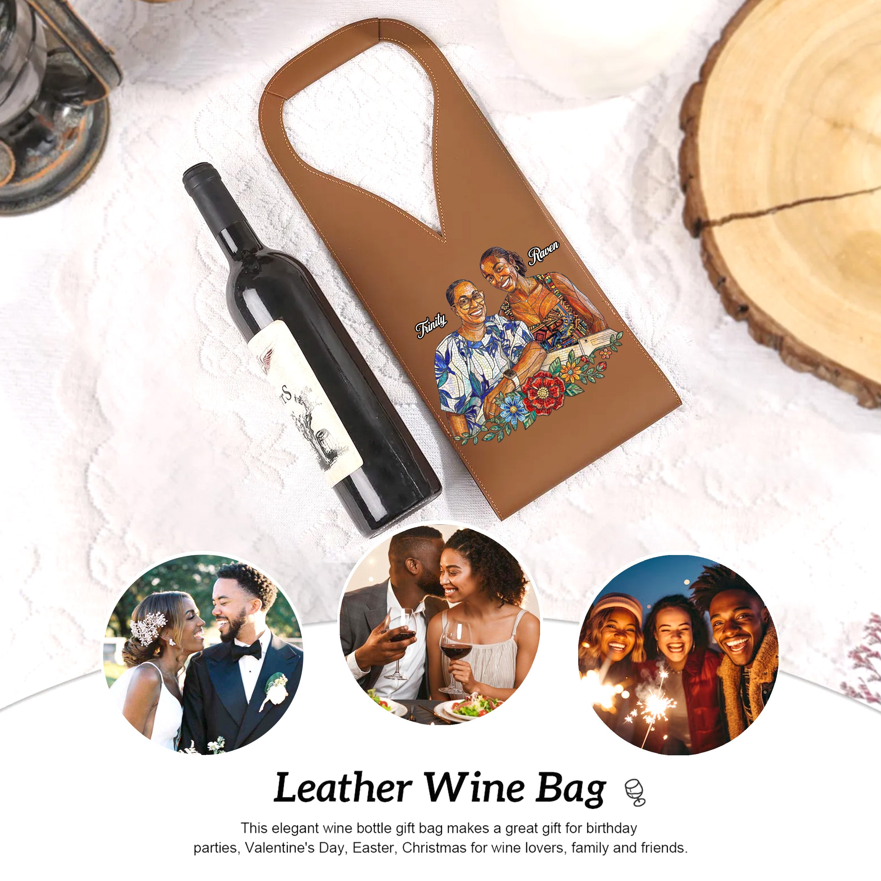 Custom Photo Stained Glass Portrait Mom Grandma Parents Family - Personalized Leather Wine Bag