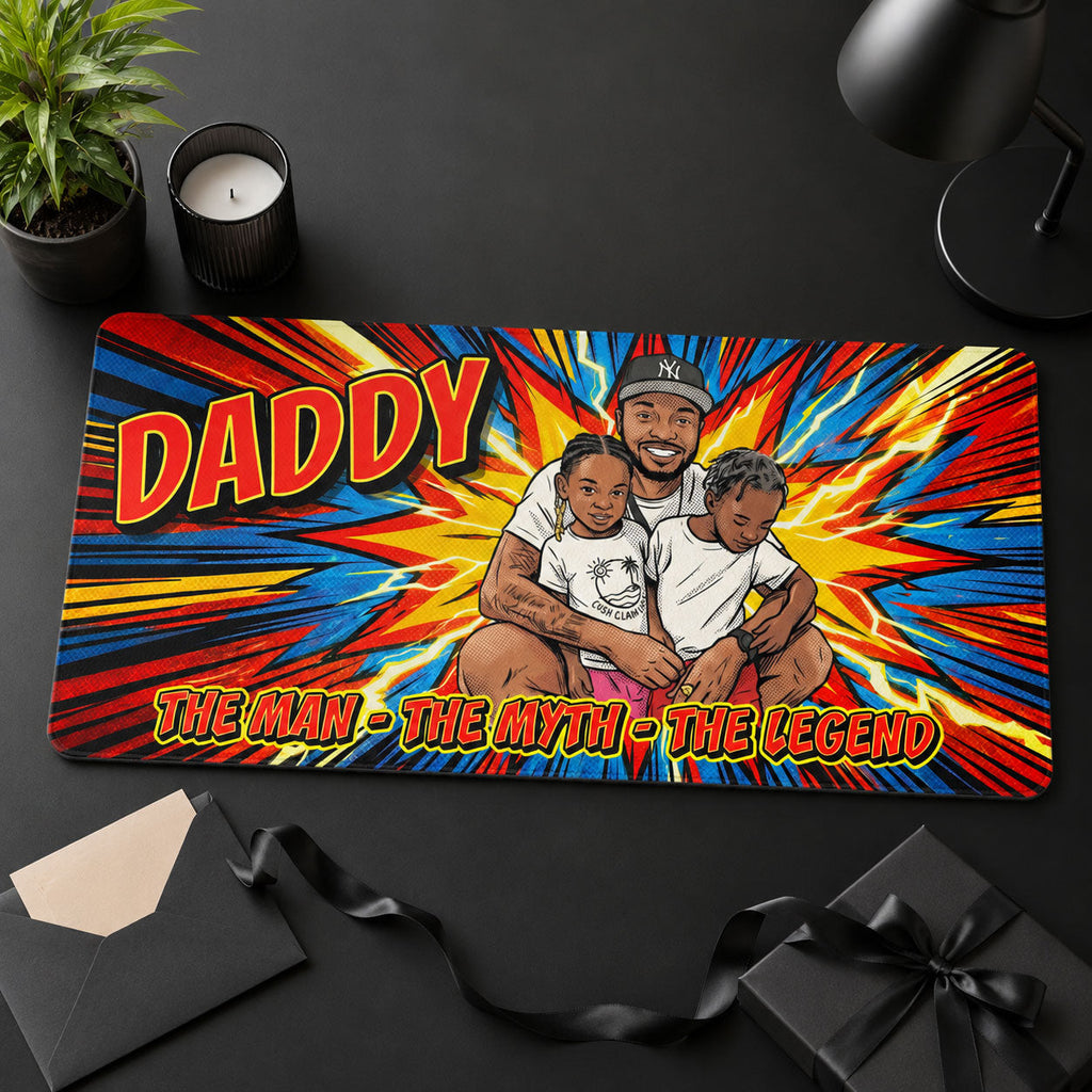 Custom Photo Comic Sketch Dad Grandpa Family - Personalized Leather Desk Mat