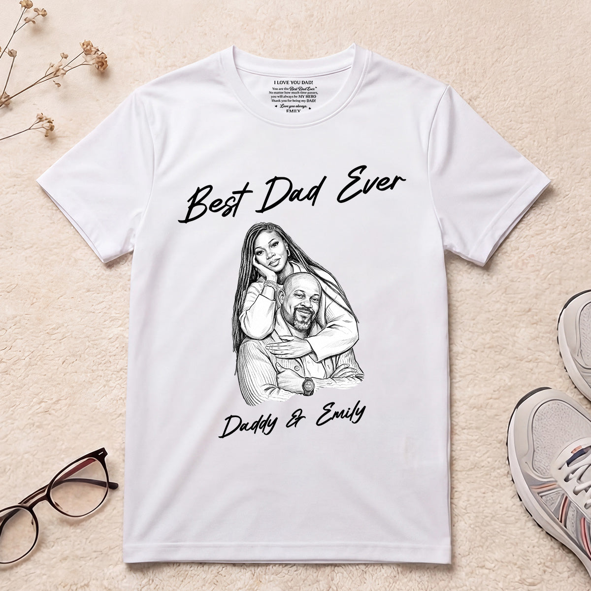 Custom Photo Pencil Sketch Best Dad Ever - Personalized Shirt With Design Inner Neck And Front