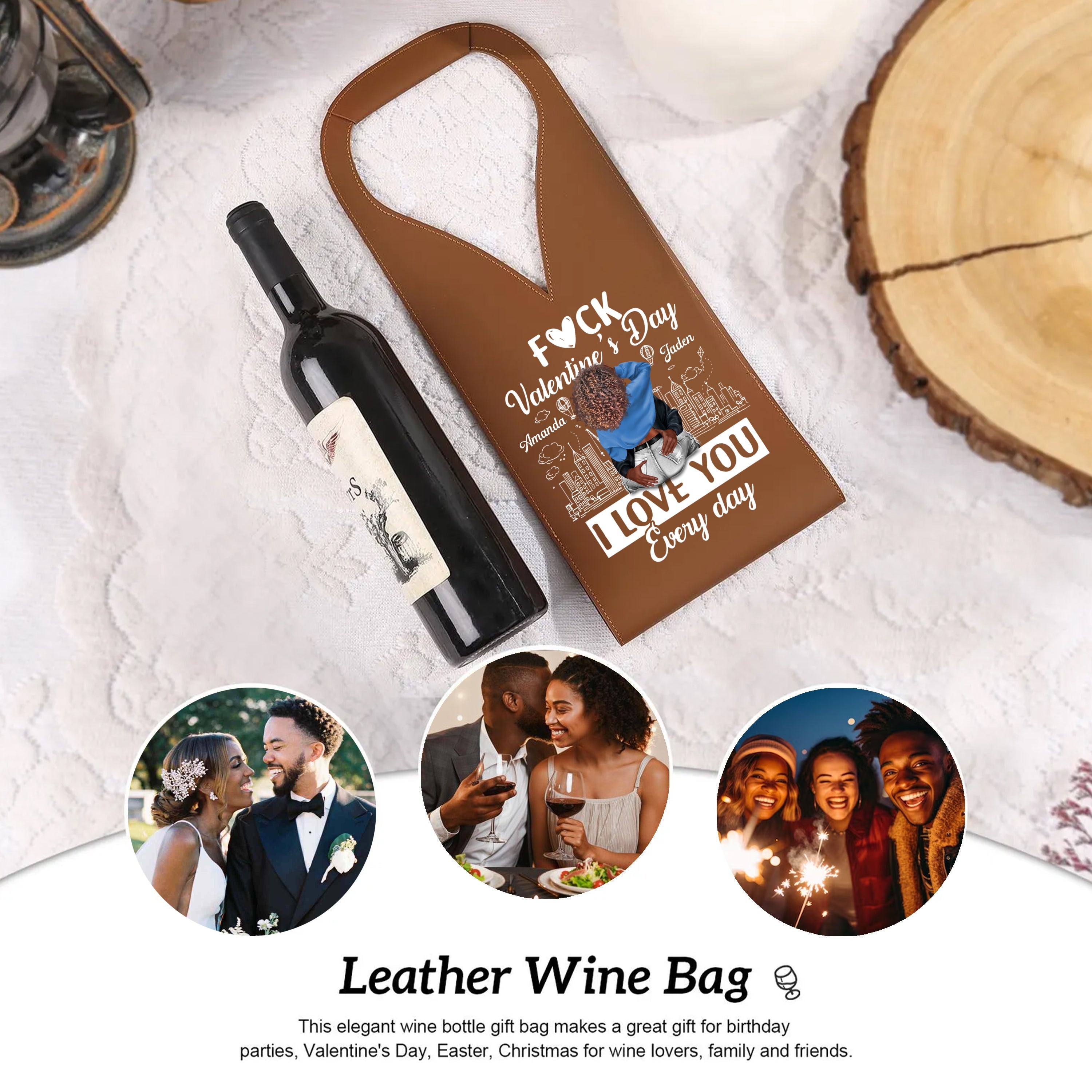 I Love You Every Day - Personalized Leather Wine Bag